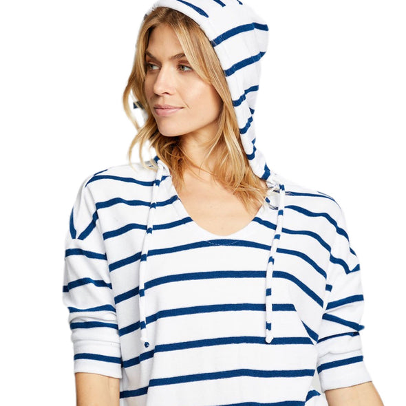 Chaser Terry Cropped 3/4 Sleeve Pullover Hoodie - Striped. 